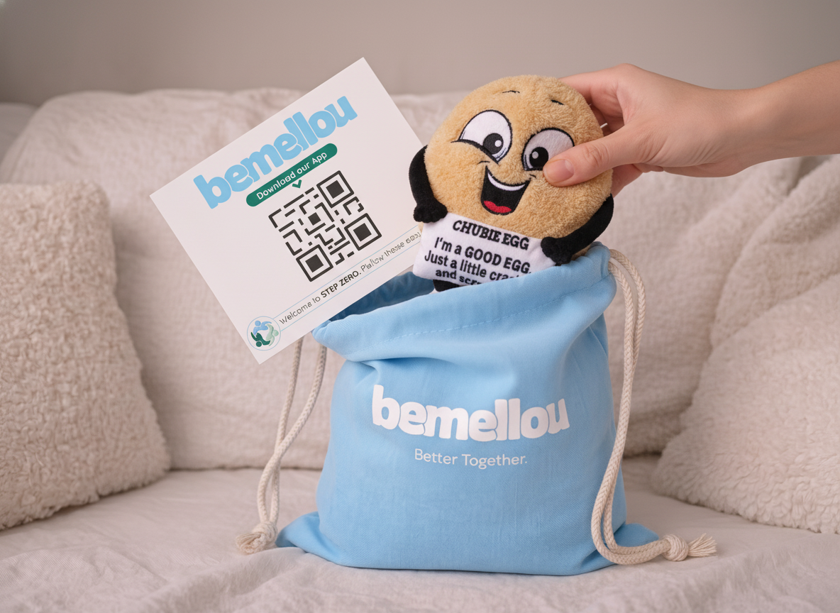 Benny the Mellou plushie being lifted out of a sky blue Bemellou drawstring bag, with the Step Zero QR card visible inside, on a cozy couch